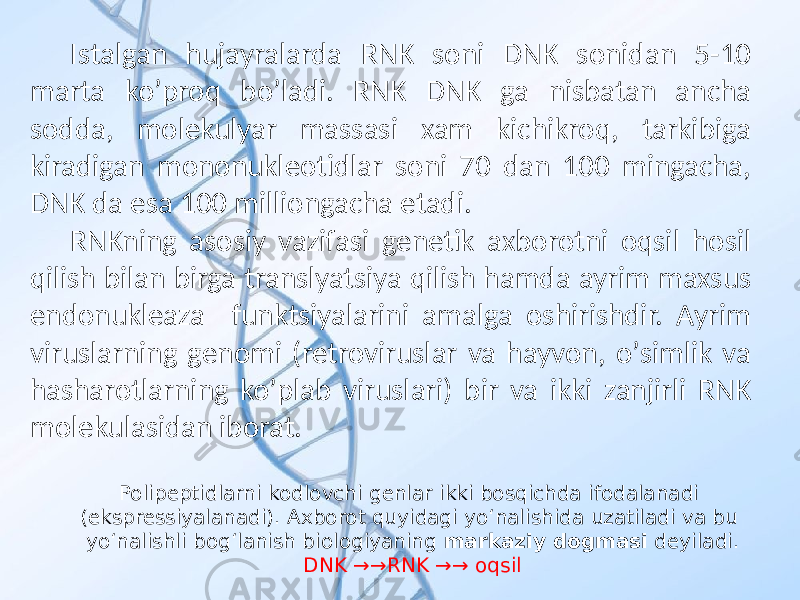 Istalgan hujayralarda RNK soni DNK sonidan 5-10 marta koʼproq boʼladi. RNK DNK ga nisbatan ancha sodda, molekulyar massasi xam kichikroq, tarkibiga kiradigan mononukleotidlar soni 70 dan 100 mingacha, DNK da esa 100 milliongacha etadi. RNKning asosiy vazifasi genetik axborotni oqsil hosil qilish bilan birga translyatsiya qilish hamda ayrim maxsus endonukleaza funktsiyalarini amalga oshirishdir. Аyrim viruslarning genomi (retroviruslar va hayvon, oʼsimlik va hasharotlarning koʼplab viruslari) bir va ikki zanjirli RNK molekulasidan iborat. Polipeptidlarni kodlovchi genlar ikki bosqichda ifodalanadi (ekspressiyalanadi). Axborot quyidagi yoʻnalishida uzatiladi va bu yoʻnalishli bogʻlanish biologiyaning  markaziy dogmasi  deyiladi. DNK  →→ RNK  →→  oqsil 