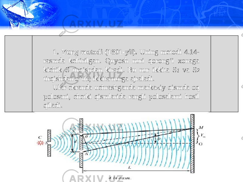 1. Yung metodi (1801-yil). Uning metodi 4.14- rasmda keltirilgan. Quyosh nuri qorong‘i xonaga kichik S tirqishdan kiradi. Bu nur ikkita S 1 va S 2 tirqishdan o‘tib, ikkita nurga ajraladi. Ular ekranda uchrashganda markaziy qismda oq polosani, chetki qismlarida rangli polosalarni hosil qiladi. 