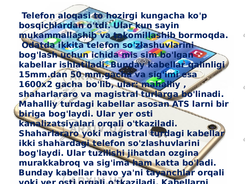  Telefon aloqasi to hozirgi kungacha ko&#39;p bosqichlardan o&#39;tdi. Ular kun sayin mukammallashib va takomillashib bormoqda. Odatda ikkita telefon so&#39;zlashuvlarini bog&#39;lash uchun ichida mis sim bo&#39;lgan kabellar ishlatiladi. Bunday kabellar qalinligi 15mm.dan 50 mm.gacha va sig&#39;imi esa 1600x2 gacha bo&#39;lib, ular: mahalliy , shaharlararo va magistral turlarga bo&#39;linadi. Mahalliy turdagi kabellar asosan ATS larni bir biriga bog&#39;laydi. Ular yer osti kanalizatsiyalari orqali o&#39;tkaziladi. Shaharlararo yoki magistral turdagi kabellar ikki shahardagi telefon so&#39;zlashuvlarini bog&#39;laydi. Ular tuzilishi jihatdan ozgina murakkabroq va sig&#39;ima ham katta bo&#39;ladi. Bunday kabellar havo ya&#39;ni tayanchlar orqali yoki yer osti orqali o&#39;tkaziladi. Kabellarni korroziyadan saqlash maqsadida turli himoya vositalari qo&#39;laniladi. WWW.ARXIV.UZ 