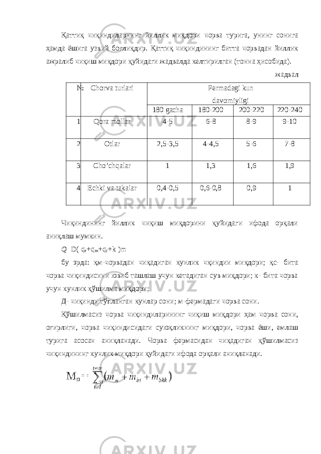 Қаттиқ чиқиндиларнинг йиллик миқдори чорва турига, унинг сонига ҳамда ёшига узвий боғлиқдир. Қаттиқ чиқиндининг битта чорвадан йиллик ажралиб чиқиш миқдори қуйидаги жадвалда келтирилган (тонна ҳисобида). жадвал № Chorva turlari Fermadagi kun davomiyligi 180 gacha 180-200 200-220 220-240 1 Qora mollar 4-5 6-8 8-9 9-10 2 Otlar 2,5-3,5 4-4,5 5-6 7-8 3 Cho’chqalar 1 1,3 1,6 1,9 4 Echki va takalar 0,4-0,5 0,6-0,8 0,9 1 Чиқиндининг йиллик чиқиш миқдорини қуйидаги ифода орқали аниқлаш мумкин. Q = D( q e +q m +q c +k )m бу эрда: қм-чорвадан чиқадиган кунлик чқиндии миқдори; қc- бита чорва чиқиндисини ювиб ташлаш учун кетадиган сув миқдори; к- бита чорва учун кунлик қўшилма миқдори; Д- чиқинди тўпланган кунлар сони; м-фермадаги чорва сони. Қўшилмасиз чорва чиқиндиларининг чиқиш миқдори ҳам чорва сони, оғирлиги, чорва чиқиндисидаги суюқликнинг миқдори, чорва ёши, емлаш турига асосан аниқланади. Чорва фермасидан чиқадиган қўшилмасиз чиқиндининг кунлик миқдори қуйидаги ифода орқали аниқланади. 