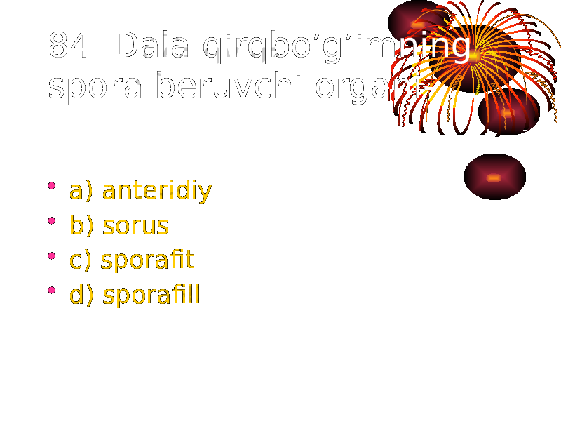 84. Dala qirqbo’g’imning spora beruvchi organi- ... • a) anteridiy • b) sorus • c) sporafit • d) sporafill 