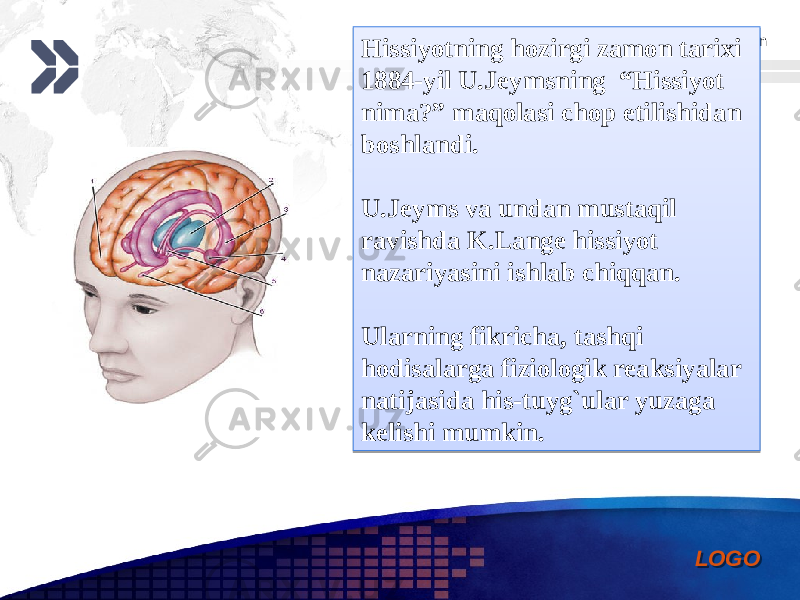 Add your company slogan LOGOHissiyotning hozirgi zamon tarixi 1884-yil U.Jeymsning “Hissiyot nima?” maqolasi chop etilishidan boshlandi. U.Jeyms va undan mustaqil ravishda K.Lange hissiyot nazariyasini ishlab chiqqan. Ularning fikricha, tashqi hodisalarga fiziologik reaksiyalar natijasida his-tuyg`ular yuzaga kelishi mumkin.0102 20 062F 17 1D 2E 13 17 2E 11 17 1C 