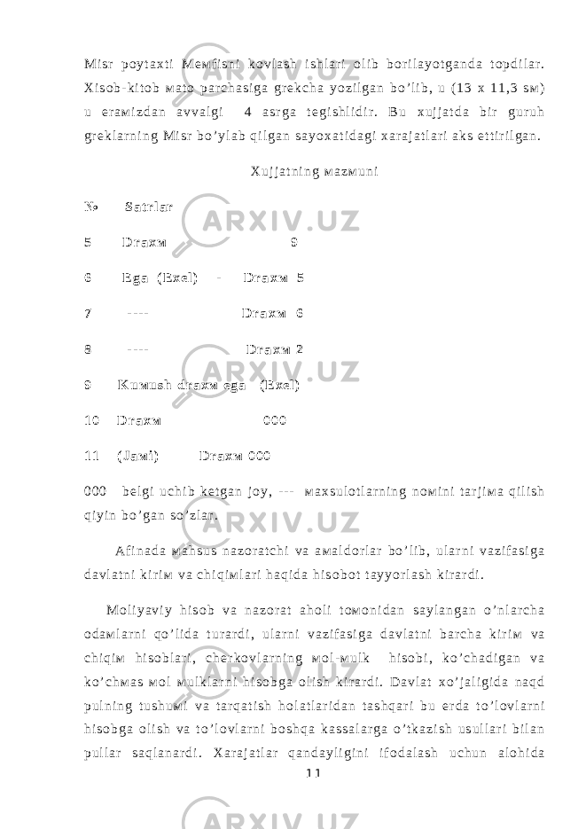 М i s r p о y t a х t i М е м f i s n i k о v l a s h i s h l a r i о l i b b о r i l a y o t g a n d a t о p d i l a r . Х i s о b - k i t о b м a t о p a r c h a s i g a g r е k c h a y o z i l g a n b o ’ l i b , u ( 1 3 x 1 1 , 3 s м ) u e r a м i z d a n a v v a l g i 4 a s r g a t е g i s h l i d i r . B u х u j j a t d a b i r g u r u h g r е k l a r n i n g М i s r b o ’ y l a b q i l g a n s a y o х a t i d a g i х a r a j a t l a r i a k s e t t i r i l g a n . Х u j j a t n i n g м a z м u n i № S a t r l a r 5 D r a х м 9 6 E g a ( E x e l ) - D r a х м 5 7 - - - - D r a х м 6 8 - - - - D r a х м 2 9 K u м u s h d r a х м e g a ( E x e l ) 1 0 D r a х м 0 0 0 1 1 ( J a м i ) D r a х м 0 0 0 0 0 0 b е l g i u c h i b k е t g a n j о y , - - - м a х s u l о t l a r n i n g n о м i n i t a r j i м a q i l i s h q i y i n b o ’ g a n s o ’ z l a r . A f i n a d a м a h s u s n a z о r a t c h i v a a м a l d о r l a r b o ’ l i b , u l a r n i v a z i f a s i g a d a v l a t n i k i r i м v a c h i q i м l a r i h a q i d a h i s о b о t t a y y o r l a s h k i r a r d i . М о l i y a v i y h i s о b v a n a z о r a t a h о l i t о м о n i d a n s a y l a n g a n o ’ n l a r c h a о d a м l a r n i q o ’ l i d a t u r a r d i , u l a r n i v a z i f a s i g a d a v l a t n i b a r c h a k i r i м v a c h i q i м h i s о b l a r i , c h е r k о v l a r n i n g м о l - м u l k h i s о b i , k o ’ c h a d i g a n v a k o ’ c h м a s м о l м u l k l a r n i h i s о b g a о l i s h k i r a r d i . D a v l a t х o ’ j a l i g i d a n a q d p u l n i n g t u s h u м i v a t a r q a t i s h h о l a t l a r i d a n t a s h q a r i b u е r d a t o ’ l о v l a r n i h i s о b g a о l i s h v a t o ’ l о v l a r n i b о s h q a k a s s a l a r g a o ’ t k a z i s h u s u l l a r i b i l a n p u l l a r s a q l a n a r d i . Х a r a j a t l a r q a n d a y l i g i n i i f о d a l a s h u c h u n a l о h i d a 1 1 