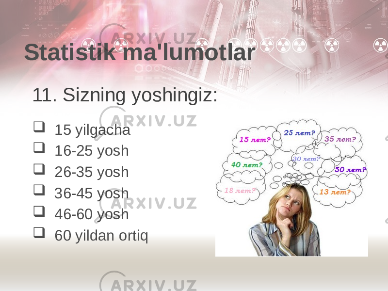 Statistik ma&#39;lumotlar 11. Sizning yoshingiz:  15 yilgacha  16-25 yosh  26-35 yosh  36-45 yosh  46-60 yosh  60 yildan ortiq 