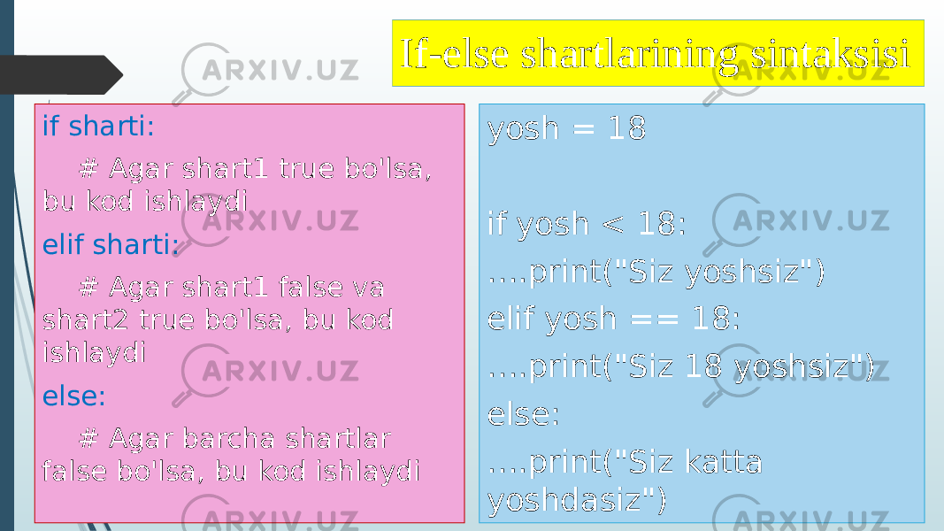 If-else shartlarining sintaksisi if sharti: # Agar shart1 true bo&#39;lsa, bu kod ishlaydi elif sharti: # Agar shart1 false va shart2 true bo&#39;lsa, bu kod ishlaydi else: # Agar barcha shartlar false bo&#39;lsa, bu kod ishlaydi yosh = 18 if yosh < 18: … .print(&#34;Siz yoshsiz&#34;) elif yosh == 18: … .print(&#34;Siz 18 yoshsiz&#34;) else: … .print(&#34;Siz katta yoshdasiz&#34;) 