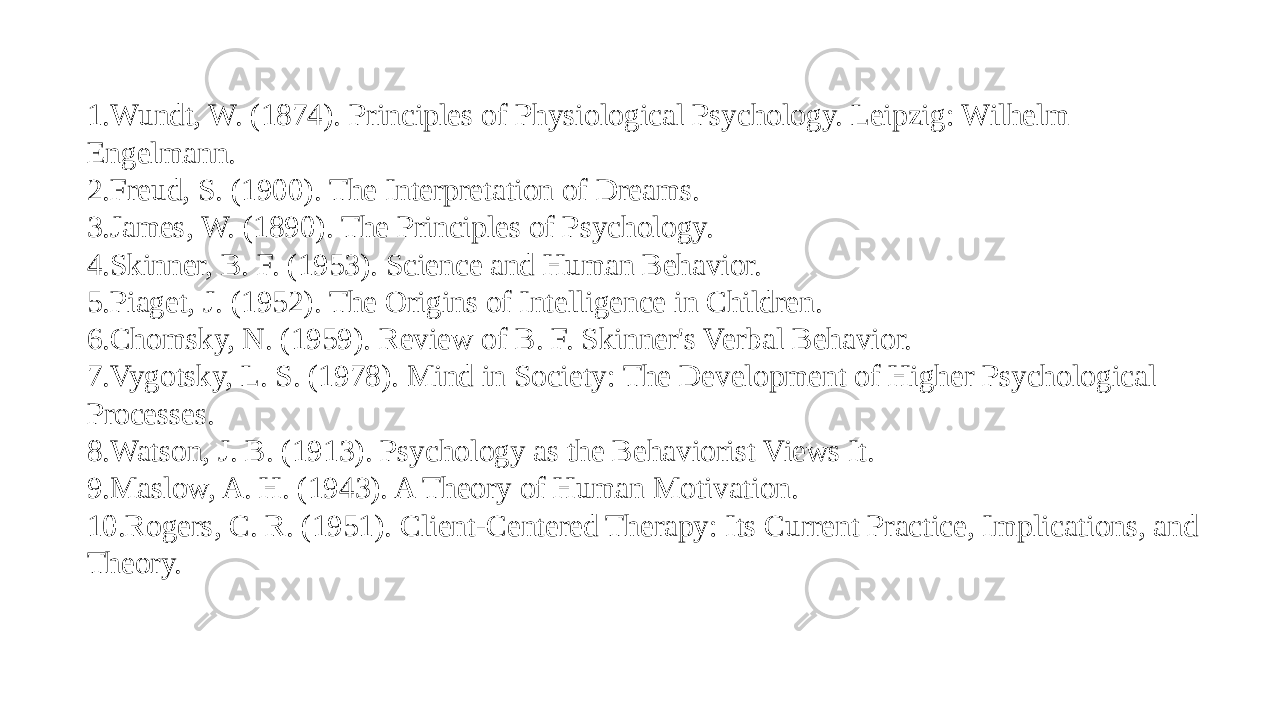 1. Wundt, W. (1874). Principles of Physiological Psychology. Leipzig: Wilhelm Engelmann. 2. Freud, S. (1900). The Interpretation of Dreams. 3. James, W. (1890). The Principles of Psychology. 4. Skinner, B. F. (1953). Science and Human Behavior. 5. Piaget, J. (1952). The Origins of Intelligence in Children. 6. Chomsky, N. (1959). Review of B. F. Skinner&#39;s Verbal Behavior. 7. Vygotsky, L. S. (1978). Mind in Society: The Development of Higher Psychological Processes. 8. Watson, J. B. (1913). Psychology as the Behaviorist Views It. 9. Maslow, A. H. (1943). A Theory of Human Motivation. 10. Rogers, C. R. (1951). Client-Centered Therapy: Its Current Practice, Implications, and Theory. 