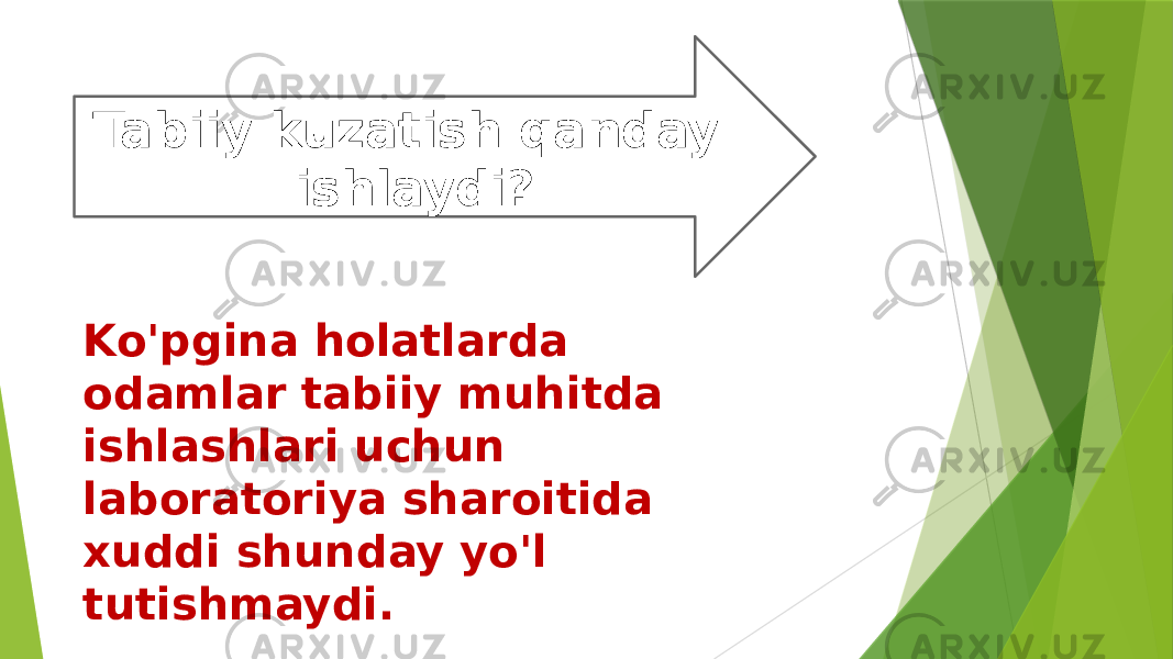 Tabiiy kuzatish qanday ishlaydi? Ko&#39;pgina holatlarda odamlar tabiiy muhitda ishlashlari uchun laboratoriya sharoitida xuddi shunday yo&#39;l tutishmaydi. 