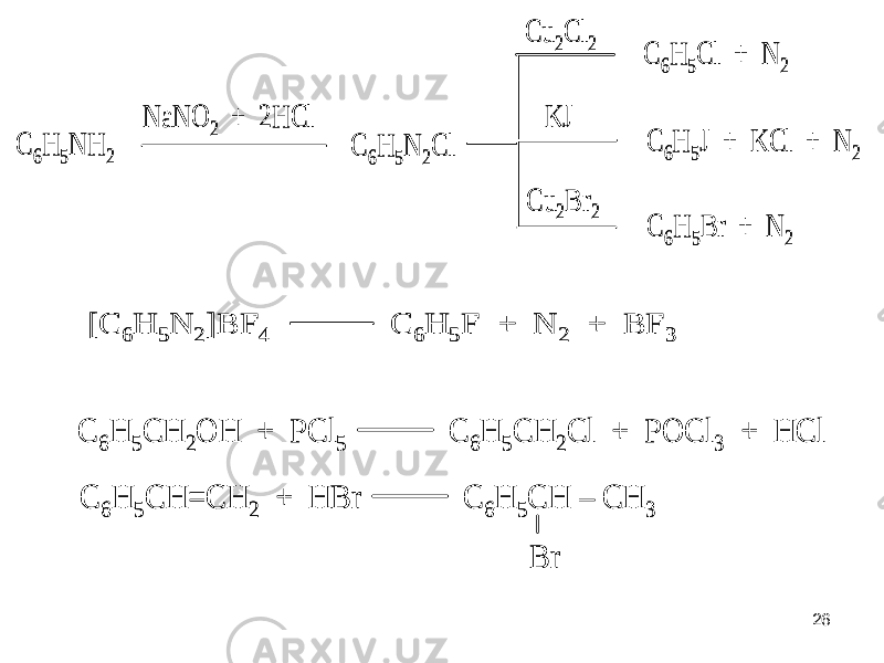 C 6H 5NH 2 NaNO 2 + 2HCl C 6H 5N 2Cl C 6H 5Cl + N 2 C 6H 5J + KCl + N 2 C 6H 5Br + N 2 Cu 2Cl 2 KJ Cu 2Br 2 C 6H 5NH 2 NaNO 2 + 2HCl C 6H 5N 2Cl C 6H 5Cl + N 2 C 6H 5J + KCl + N 2 C 6H 5Br + N 2 Cu 2Cl 2 KJ Cu 2Br 2 [C 6H 5N 2]BF 4 C 6H 5F + N 2 + BF 3 [C 6H 5N 2]BF 4 C 6H 5F + N 2 + BF 3 C 6H 5CH 2OH + PCl 5 C 6H 5CH 2Cl + POCl 3 + HCl C 6H 5CH=CH 2 + HBr C 6H 5CH – CH 3 Br C 6H 5CH 2OH + PCl 5 C 6H 5CH 2Cl + POCl 3 + HCl C 6H 5CH=CH 2 + HBr C 6H 5CH – CH 3 Br26 