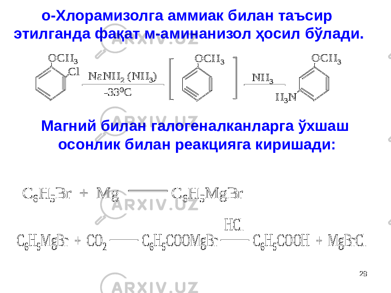 о-Хлорамизолга аммиак билан таъсир этилганда фақат м-аминанизол ҳосил бўлади.OCH 3 Cl NaNH 2 (NH 3) -33 0C OCH 3 NH 3 OCH 3 H 3N OCH 3 Cl NaNH 2 (NH 3) -33 0C OCH 3 NH 3 OCH 3 H 3N Магний билан галогеналканларга ўхшаш осонлик билан реакцияга киришади: C 6 H 5 Br + Mg C 6 H 5MgBr C 6 H 5 Br + Mg C 6 H 5MgBr C 6H 5MgBr + CO 2 C 6H 5COOMgBr C 6H 5COOH + MgBrCl HCl C 6H 5MgBr + CO 2 C 6H 5COOMgBr C 6H 5COOH + MgBrCl HCl 29 