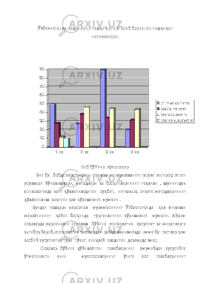 Ўзбекистонда кадрларни тадқиқ этиш олиб борилган тадқиқот натижалари. Боб бўйича хулосалар Биз бу бобда персонални танлаш ва саралашнинг усули эътироф этган усуллари йўналишлари, методлари ва босқичларининг таҳлили , шунингдек психологияда кенг қўлланиладиган суҳбат, интаевью, анкета методларининг қўлланилиш вақтини ҳам кўришимиз мумкин . Бундан ташқари персонал муаммосининг Ўзбекистонда ҳал этилиши жараёнининг қайси босқичда турганлигини кўришимиз мумкин. Айрим соҳаларда персонални саралаш бўйича психологик хусусият ва жиҳатларга эьтибор бериб, психологик тестлардан фойдаланилмоқда аммо бу тестлар ҳам касбий хусусиятни тўла тўкис аниқлай оладиган даражада эмас. Соҳалар бўйича қўйилаётган талабларнинг умумийдан хусусийга ўтмаганлиги яьни муассасаларнинг ўзига хос талабларининг 0102030405060708090 1 кв 2 кв 3 кв 4 кв bilim va ko&#39;nikma kasbiy mahorat tashabbuskorlik boshqa xususiyatlar 