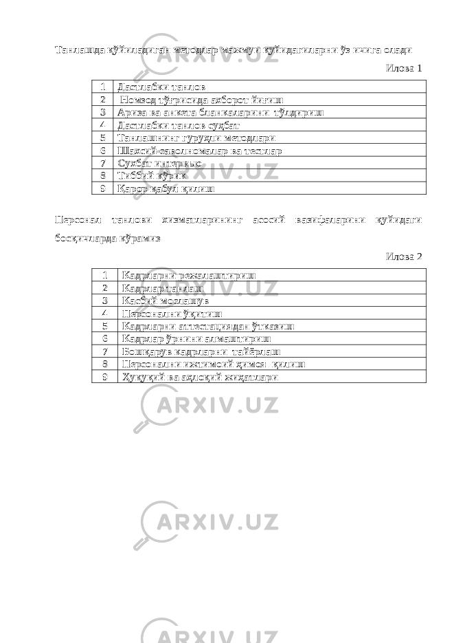 Танлашда қўйиладиган методлар мажмуи қуйидагиларни ўз ичига олади Илова 1 1 Дастлабки танлов 2 Номзод тўғрисида ахборот йиғиш 3 Ариза ва анкета бланкаларини тўлдириш 4 Дастлабки танлов суҳбат 5 Танлашнинг гуруҳли методлари 6 Шахсий саволномалар ва тестлар 7 Сухбат интервью 8 Тиббий кўрик 9 Қарор қабул қилиш Персонал танлови хизматларининг асосий вазифаларини қуйидаги босқичларда кўрамиз Илова 2 1 Кадрларни режалаштириш 2 Кадрлар танлаш 3 Касбий мослашув 4 Персонални ўқитиш 5 Кадрларни аттестациядан ўтказиш 6 Кадрлар ўрнини алмаштириш 7 Бошқарув кадрларни тайёрлаш 8 Персонални ижтимоий ҳимоя қилиш 9 Ҳуқуқий ва аҳлоқий жиҳатлари 