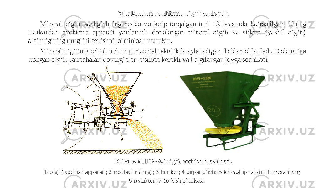 Markazdan qochirma o‘g’it sochgich Mineral o‘g’it sochgichning sodda va ko‘p tarqalgan turi 10.1-rasm da ko‘rsatilgan. Uning markazdan qochirma apparati yordamida donalangan mineral o‘g’it va siderat (yashil o‘g’it) o‘simligining urug’ini sepishni ta’minlash mumkin. Mineral o‘g’itni sochish uchun gorizontal tekislikda aylanadigan disklar ishlatiladi. Disk ustiga tushgan o‘g’it zarrachalari qovurg’alar ta’sirida kerakli va belgilangan joyga sochiladi. 10.1-rasm НРУ-0,5 o’g’it sochish mashinasi. 1-o’g’it sochish apparati; 2-rostlash richagi; 3-bunker; 4-sirpang’ich; 5-krivoship -shatunli mexanizm; 6-reduktor; 7-to’kish plankasi. 