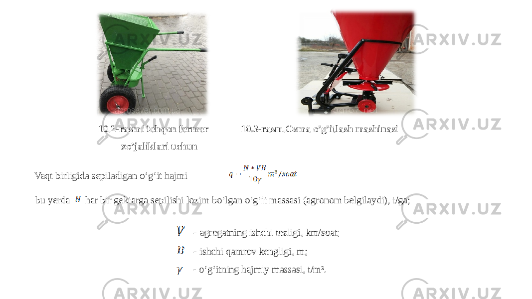 10.2-rasm.Dehqon fermer 10.3-rasm.Osma o’g’itlash mashinasi xo’jaliklari uchun Vaqt birligida sepiladigan o‘g‘it hajmi bu yerda har bir gektarga sepilishi lozim bo‘lgan o‘g‘it massasi (agronom belgilaydi), t/ga; - agregatning ishchi tezligi, km/soat; - ishchi qamrov kengligi, m; - o‘g‘itning hajmiy massasi, t/m 3 . 