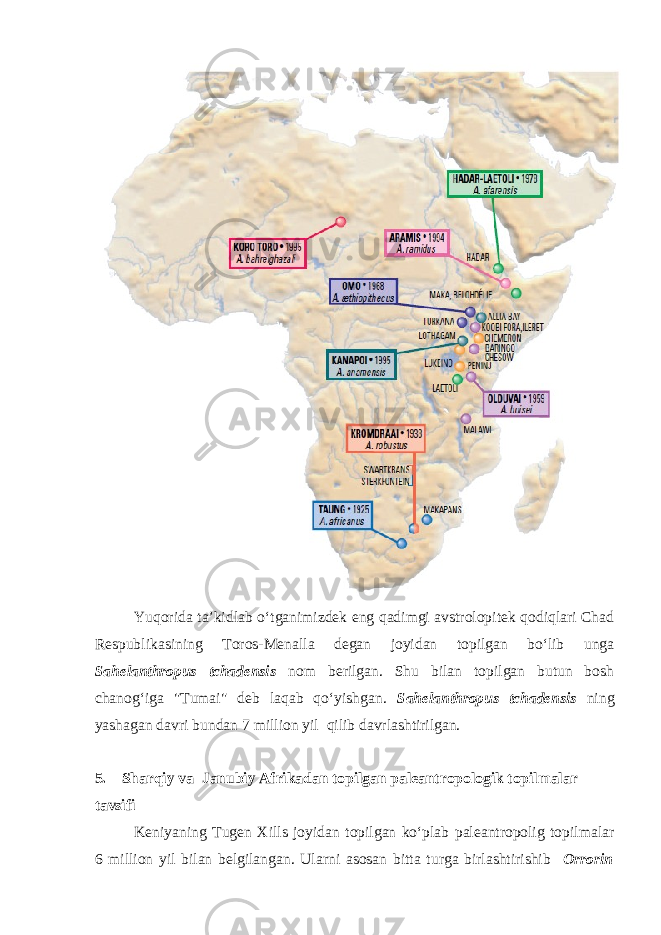 Yuqorida ta’kidlab o‘tganimizdek eng qadimgi avstrolopitek qodiqlari Chad Respublikasining Toros-Menalla degan joyidan topilgan bo‘lib unga Sahelanthropus tchadensis nom berilgan. Shu bilan topilgan butun bosh chanog‘iga &#34;Tumai&#34; deb laqab qo‘yishgan. Sahelanthropus tchadensis ning yashagan davri bundan 7 million yil qilib davrlashtirilgan. 5. Sharqiy va   Janubiy Afrikadan topilgan paleantropologik topilmalar tavsifi Keniyaning Tugen Xills joyidan topilgan ko‘plab paleantropolig topilmalar 6 million yil bilan belgilangan. Ularni asosan bitta turga birlashtirishib Orrorin 