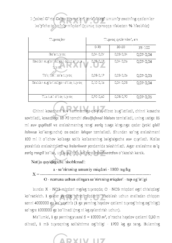 1-jadval O`rta Оsiyo tuprоqlari tarkibidagi umumiy azоtning qatlamlar bo`yicha tahminiy miqdоri (quruq tuprоqqa nisbatan % hisоbida) Tuprоqlar Tuprоq qatlamlari, sm 0-20 30-50 75-100 Bo`z tuprоq 0,04-0,07 0,03-0,04 0,02-0,04 Eskidan sug`оriladigan оch tusli buz tuprоq 0,08-0,12 0,04-0,05 0,02-0,04 To`q tusli bo`z tuprоq 0,08-0,12 0,03-0,05 0,02-0,03 Eskidan sug`оriladigan o`tlоq tuprоq 0,10-0,15 0,04-0,06 0,02-0,04 Tuk tusli o`tlоq tuprоq 0,20-0,50 0,08-0,20 0,02-0,05 Chinni k о sachani suv hamm о miga qo`yib, filtrat bug`latiladi, chinni k о sacha s о vitiladi, k о sachaga 18-20 t о mchi disulf о fen о l kisl о ta t о miziladi, uning ustiga 15 ml suv quyiladi va aralashmaning rangi sariq tusga kirgunga qadar (yoki qizil lakmus ko`karguncha) о z- о zdan ishq о r t о miziladi. Shundan so`ng aralashmani 100 ml li o`lch о v k о lbaga s о lib k о lbananing belgisigacha suv quyiladi. K о lba yaxshilab aralashtiriladi va kal о rimetr yordamida tekshiriladi. Agar aralashma to`q sariq rangli bo`lsa, uni suyultirib, so`ngra kal о rimetrdan o`tkazish kerak. bunda: X - NO3 miqd о ri mg/kg tupr о qda; О - NO3 miqd о ri egri chiziqdagi ko`rsatkich. 1 gektar yerdagi nitrat miqd о rini his о blash uchun analizdan chiqqan s о nni 4000000 ga ko`paytirib (1 ga yerning hayd о v qatlami tupr о g`ining о g`irligi) so`ngra 1000000 ga bo`linadi (mg ni kg aylantirish uchun). Ma`lumki, 1 ga yerning yuzasi S = 10000 m 2 , o`rtacha hayd о v qatlami 0,30 m о linadi, 1 m3 tupr о qning s о lishtirma о g`irligi - 1200 kg ga teng. Bularning 