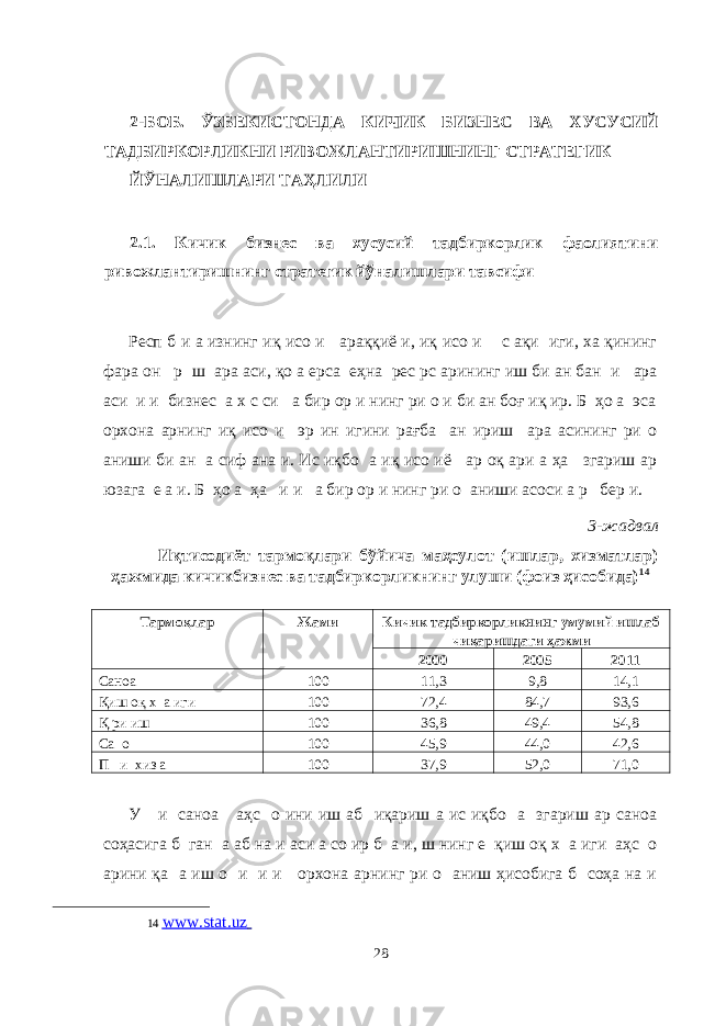  2-БОБ. ЎЗБЕКИСТОНДА КИЧИК БИЗНЕС ВА ХУСУСИЙ ТАДБИРКОРЛИКНИ РИВОЖЛАНТИРИШНИНГ СТРАТЕГИК ЙЎНАЛИШЛАРИ ТАҲЛИЛИ 2.1. Кичик бизнес ва хусусий тадбиркорлик фаолиятини ривожлантиришнинг стратегик йўналишлари тавсифи Респ б и а изнинг иқ исо и араққиё и, иқ исо и с ақи иги, ха қининг фара он р ш ара аси, қо а ерса еҳна рес рс арининг иш би ан бан и ара аси и и бизнес а х с си а бир ор и нинг ри о и би ан боғ иқ ир. Б ҳо а эса орхона арнинг иқ исо и эр ин игини рағба ан ириш ара асининг ри о аниши би ан а сиф ана и. Ис иқбо а иқ исо иё ар оқ ари а ҳа згариш ар юзага е а и. Б ҳо а ҳа и и а бир ор и нинг ри о аниши асоси а р бер и. 3-жадвал Иқтисодиёт тармоқлари бўйича маҳсулот (ишлар, хизматлар) ҳажмида кичикбизнес ва тадбиркорликнинг улуши (фоиз ҳисобида) 14 Тармоқлар Жами Кичик тадбиркорликнинг умумий ишлаб чиқаришдаги ҳажми 2000 2005 2011 Саноа 100 11,3 9,8 14,1 Қиш оқ х а иги 100 72,4 84,7 93,6 Қ ри иш 100 36,8 49,4 54,8 Са о 100 45,9 44,0 42,6 П и хиз а 100 37,9 52,0 71,0 У и саноа аҳс о ини иш аб иқариш а ис иқбо а згариш ар саноа соҳасига б ган а аб на и аси а со ир б а и, ш нинг е қиш оқ х а иги аҳс о арини қа а иш о и и и орхона арнинг ри о аниш ҳисобига б соҳа на и 14 www.stat.uz 28 