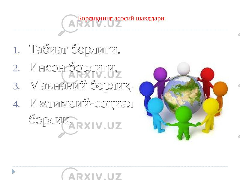 Борлиқнинг асосий шакллари : 1. Табиат борлиғи. 2. Инсон борлиғи. 3. Маънавий борлиқ . 4. Ижтимоий-социал борлиқ. 