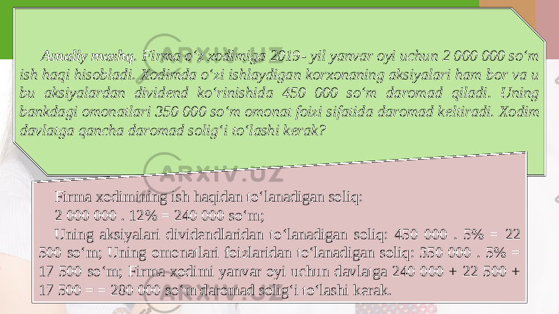 Amaliy mashq . Firma o‘z xodimiga 2019- yil yanvar oyi uchun 2 000 000 so‘m ish haqi hisobladi. Xodimda o‘zi ishlaydigan korxonaning aksiyalari ham bor va u bu aksiyalardan divid е nd ko‘rinishida 450 000 so‘m daromad qiladi. Uning bankdagi omonatlari 350 000 so‘m omonat foizi sifatida daromad k е ltiradi. Xodim davlatga qancha daromad solig‘i to‘lashi k е rak? Firma xodimining ish haqidan to‘lanadigan soliq: 2 000 000 . 12% = 240 000 so‘m; Uning aksiyalari divid е ndlaridan to‘lanadigan soliq: 450 000 . 5% = 22 500 so‘m; Uning omonatlari foizlaridan to‘lanadigan soliq: 350 000 . 5% = 17 500 so‘m; Firma xodimi yanvar oyi uchun davlatga 240 000 + 22 500 + 17 500 = = 280 000 so‘m daromad solig‘i to‘lashi k е rak. 