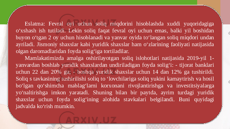 Eslatma: Fevral oyi uchun soliq miqdorini hisoblashda xuddi yuqoridagiga o‘xshash ish tutiladi. Lekin soliq faqat fevral oyi uchun emas, balki yil boshidan buyon o‘tgan 2 oy uchun hisoblanadi va yanvar oyida to‘langan soliq miqdori undan ayriladi. Jismoniy shaxslar kabi yuridik shaxslar ham o‘zlarining faoliyati natijasida olgan daromadlaridan foyda solig‘iga tortiladilar. Mamlakatimizda amalga oshirilayotgan soliq islohotlari natijasida 2019-yil 1- yanvardan boshlab yuridik shaxslardan undiriladigan foyda solig‘i: - tijorat banklari uchun 22 dan 20% ga; - boshqa yuridik shaxslar uchun 14 dan 12% ga tushirildi. Soliq s tavkasining tushirilishi soliq to ‘lovchilariga soliq yukini kamaytirish va hosil bo‘lgan qo‘shimcha mablag‘larni korxonani rivojlantirishga va inv е stitsiyalarga yo‘naltirishga imkon yaratadi. Shuning bilan bir paytda, ayrim turdagi yuridik shaxslar uchun foyda solig‘ining alohida stavkalari b е lgilandi. Buni quyidagi jadvalda ko‘rish mumkin. 