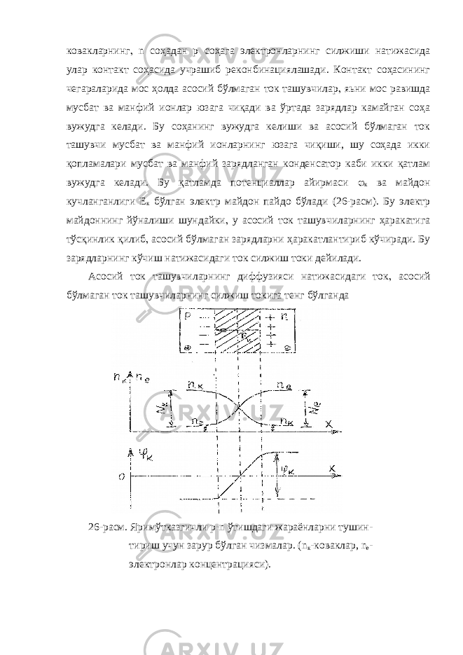 ковакларнинг  n соҳадан p соҳага электронларнинг силжиши натижасида улар контакт соҳасида учрашиб реконбинациялашади. Контакт соҳасининг чегараларида мос ҳолда асосий бўлмаган ток ташувчилар  яьни мос равишда мусбат ва манфий ионлар юзага чиқади ва ўртада зарядлар камайган соҳа вужудга келади. Бу соҳанинг вужудга келиши ва асосий бўлмаган ток ташувчи мусбат ва манфий ионларнинг юзага чиқиши, шу соҳада икки қопламалари мусбат ва манфий зарядланган конденсатор каби икки қатлам вужудга келади. Бу қатламда потенциаллар айирмаси  к ва майдон кучланганлиги Е к бўлган электр майдон пайдо бўлади (26-расм). Бу электр майдоннинг йўналиши шундайки  у асосий ток ташувчиларнинг ҳаракатига тўсқинлик қилиб  асосий бўлмаган зарядларни ҳаракатлантириб кўчиради. Бу зарядларнинг кўчиш натижасидаги ток силжиш токи дейилади. Асосий ток ташувчиларнинг диффузияси натижасидаги ток  асосий бўлмаган ток ташувчиларнинг силжиш токига тенг бўлганда 26-расм. Яримўтказгичли р- n ўтишдаги жараёнларни тушин- тириш учун зарур бўлган чизмалар. ( n к -коваклар, n e - электронлар концентрацияси). 