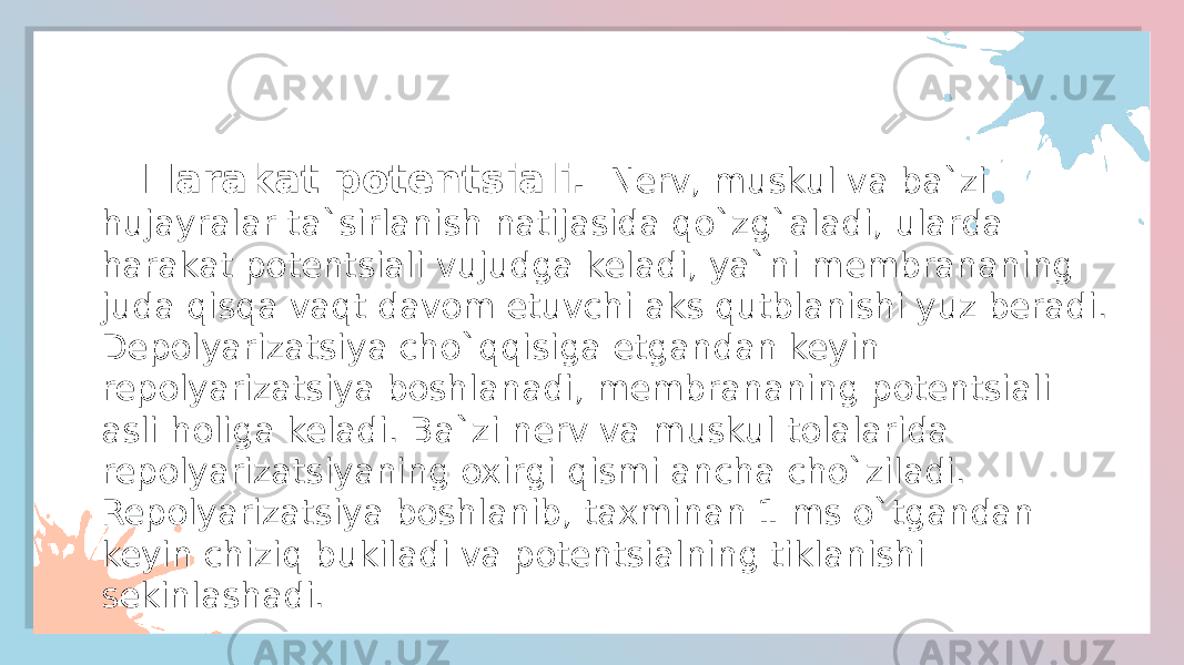 TEXT HERE TEXT HERE TEXT HERE TEXT HERE TEXT HERE TEXT HERE TEXT HERE TEXT HERE Harakat potentsiali. Nerv, muskul va ba`zi hujayralar ta`sirlanish natijasida qo`zg`aladi, ularda harakat potentsiali vujudga keladi, ya`ni membrananing juda qisqa vaqt davom etuvchi aks qutblanishi yuz beradi. Depolyarizatsiya cho`qqisiga etgandan keyin repolyarizatsiya boshlanadi, membrananing potentsiali asli holiga keladi. Ba`zi nerv va muskul tolalarida repolyarizatsiyaning oxirgi qismi ancha cho`ziladi. Repolyarizatsiya boshlanib, taxminan 1 ms o`tgandan keyin chiziq bukiladi va potentsialning tiklanishi sekinlashadi. 