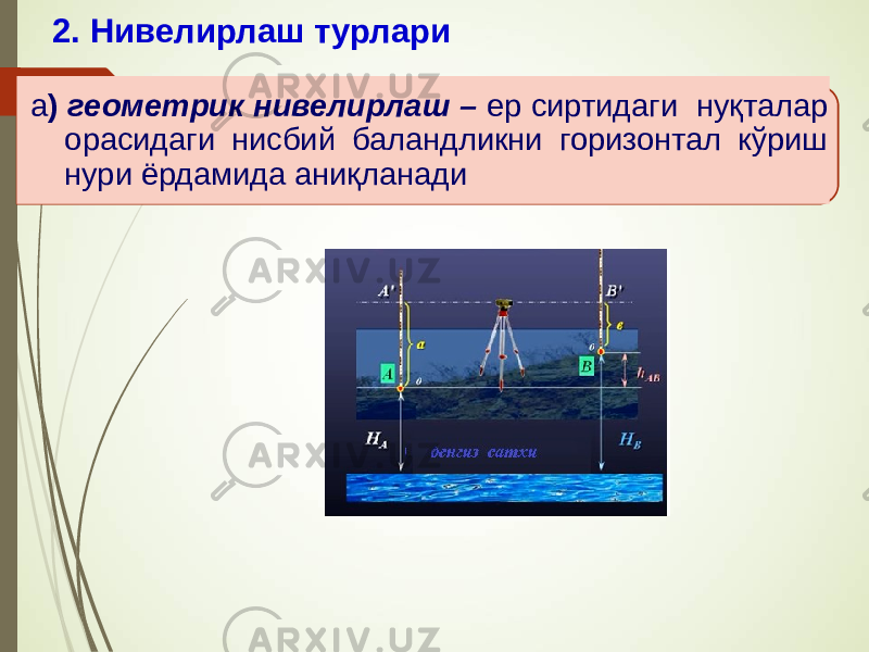 2. Нивелирлаш турлари а ) геометрик нивелирлаш – ер сиртидаги нуқталар орасидаги нисбий баландликни горизонтал кўриш нури ёрдамида аниқланади 