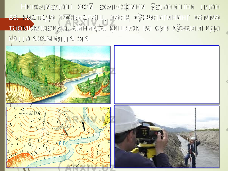 Нивелирлаш жой рельефини ўрганишни план ва картада тасвирлаш, халқ хўжалигининг хамма тармоқларида, айниқса қишлоқ ва сув хўжалигида катта ахамиятга эга 