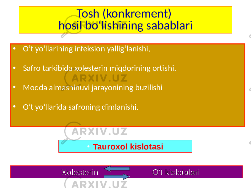 Tosh (konkrement) hosil bo‘lishining sabablari • O‘t yo‘llarining infeksion yallig‘lanishi, • Safro tarkibida xolesterin miqdorining ortishi. • Modda almashinuvi jarayonining buzilishi • O‘t yo‘llarida safroning dimlanishi. Xolesterin O‘t kislotalari • Tauroxol kislotasi 