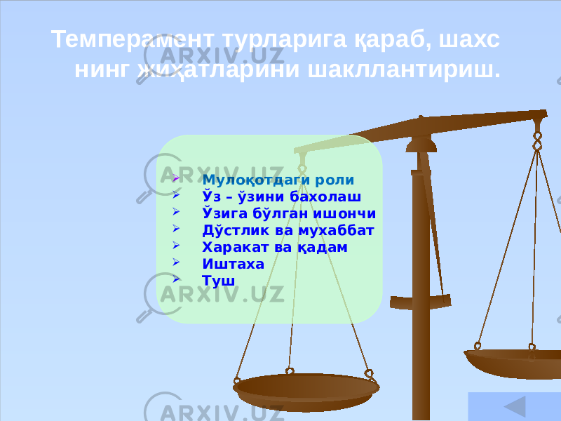  Темперамент турларига қараб, шахс нинг жиҳатларини шакллантириш.  Мулоқотдаги роли  Ўз – ўзини бахолаш  Ўзига бўлган ишончи  Дўстлик ва мухаббат  Харакат ва қадам  Иштаха  Туш 