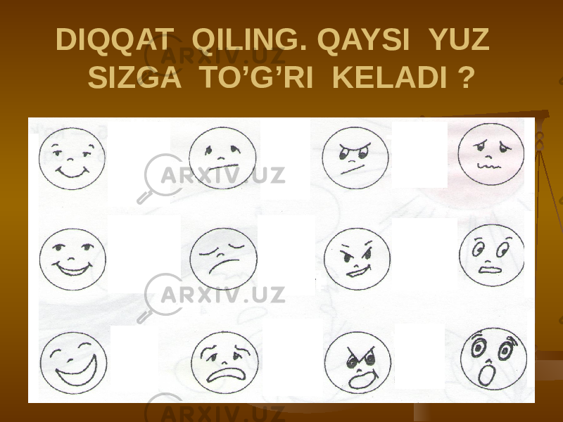 DIQQAT QILING. QAYSI YUZ SIZGA TO’G’RI KELADI ? 