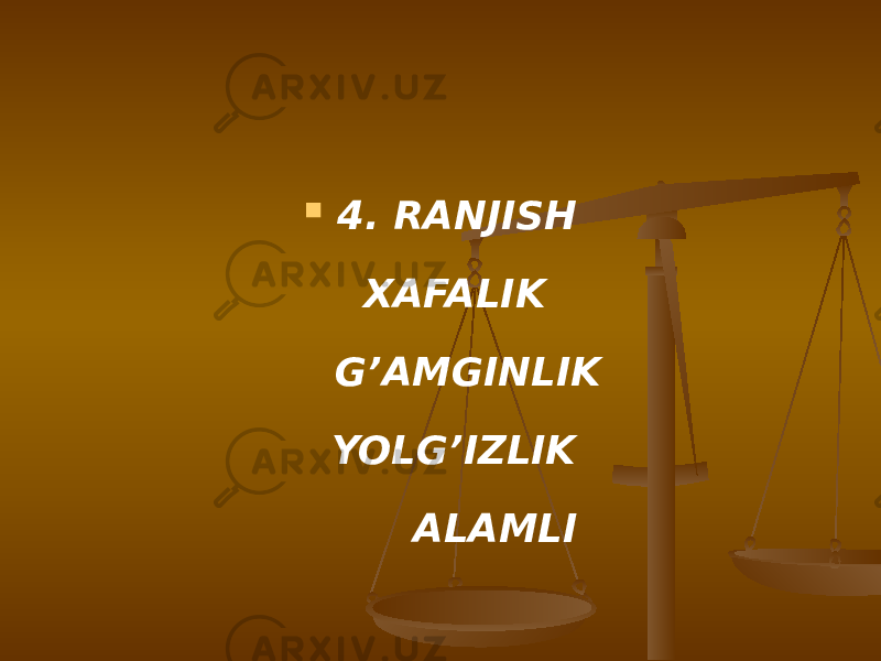  4. RANJISH XAFALIK G’AMGINLIK YOLG’IZLIK ALAMLI 