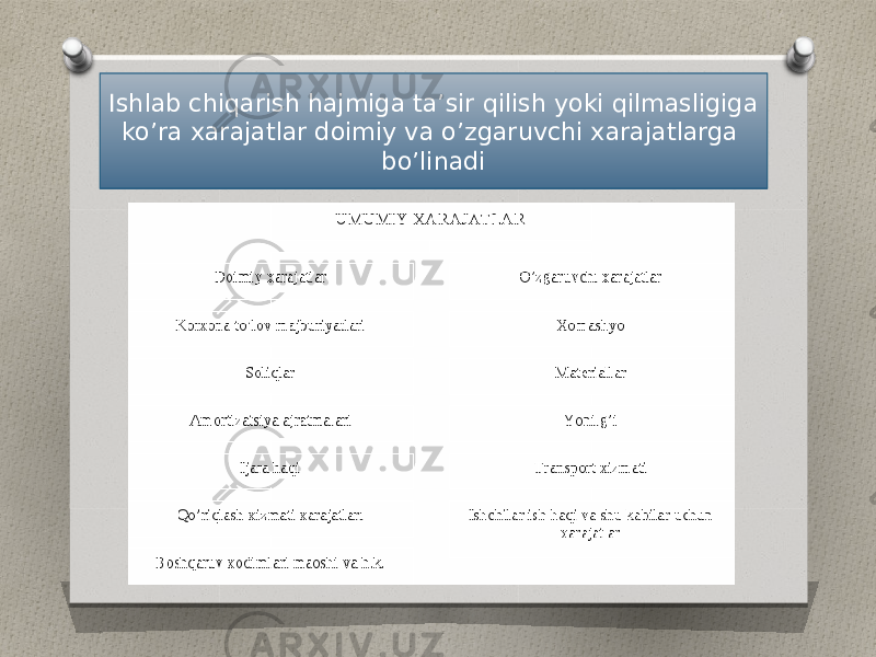 Ishlab chiqarish hajmiga ta’sir qilish yoki qilmasligiga ko’ra xarajatlar doimiy va o’zgaruvchi xarajatlarga bo’linadi 