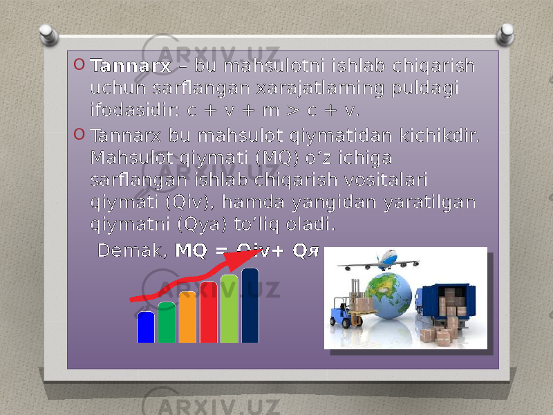 O Tannarx – bu mahsulotni ishlab chiqarish uchun sarflangan xarajatlarning puldagi ifodasidir: c + v + m > c + v . O Tannarx bu mahsulot qiymatidan kichikdir. Mahsulot qiymati (MQ) o’z ichiga sarflangan ishlab chiqarish vositalari qiymati (Qiv), hamda yangidan yaratilgan qiymatni (Qya) to’liq oladi. Demak, MQ = Qiv+ Q я 