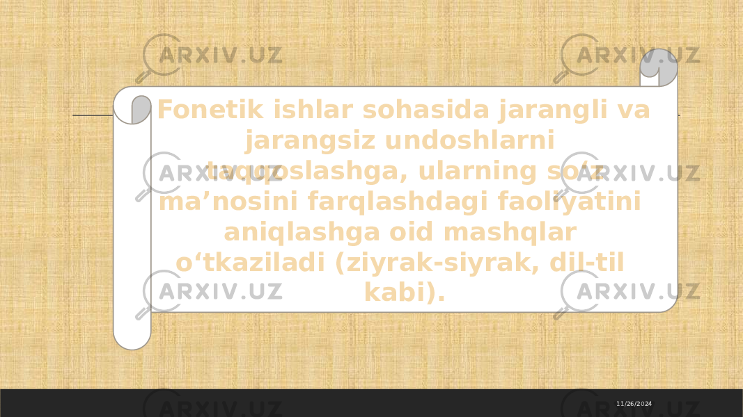 11/26/2024Fonetik ishlar sohasida jarangli va jarangsiz undoshlarni taqqoslashga, ularning so‘z ma’nosini farqlashdagi faoliyatini aniqlashga oid mashqlar o‘tkaziladi (ziyrak-siyrak, dil-til kabi). 