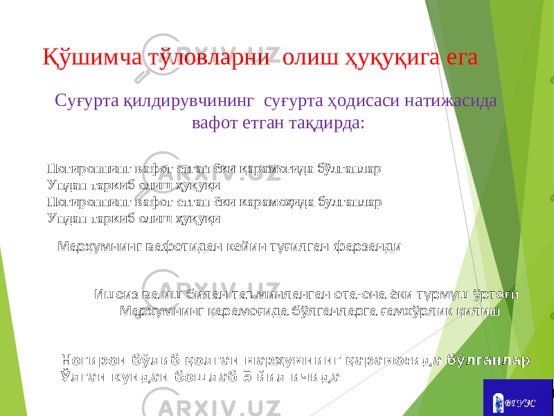  С уғурта қилдирувчининг суғурта ҳодисаси натижасида вафот етган тақдирда: Ногироннинг вафот етган ёки қарамоғида бўлганлар Ундан таркиб олиш ҳуқуқи Ногироннинг вафот етган ёки карамоҳида булганлар Ундан таркиб олиш ҳуқуқи Марҳумнинг вафотидан кейин туғилган фарзанди Ишсиз ва иш билан таъминланган ота-она ёки турмуш ўртоғи Марҳумнинг қарамоғида бўлганларга ғамхўрлик қилиш Ногирон бўлиб қолган марҳумнинг қарамоғида бўлганлар Ўлган кундан бошлаб 5 йил ичидаҚўшимча тўловларни олиш ҳуқуқига ега 