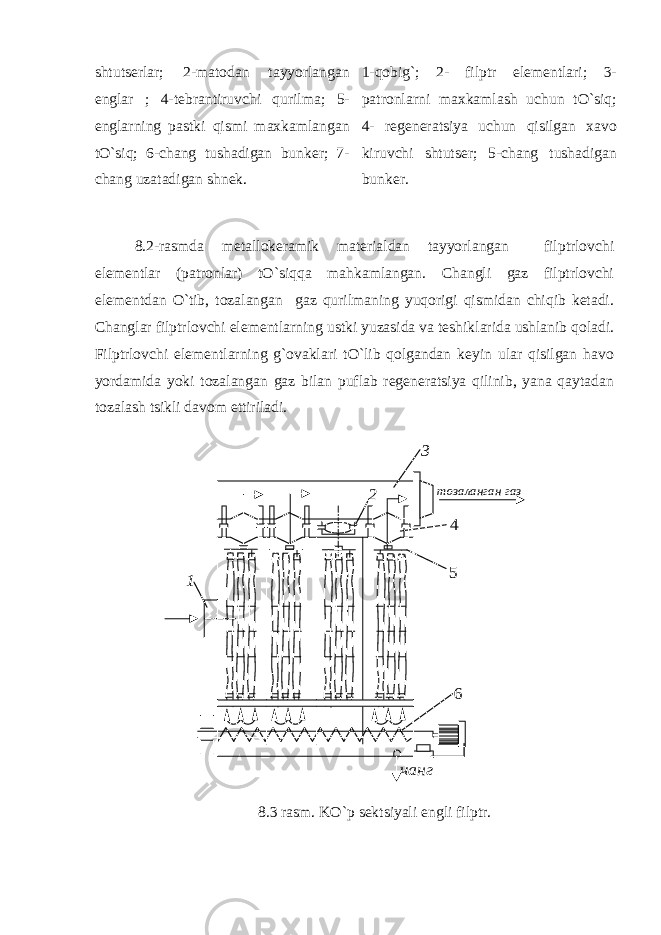 shtutserlar; 2-matodan tayyorlangan englar ; 4-tebrantiruvchi qurilma; 5- englarning pastki qismi maxkamlangan tO`siq; 6-chang tushadigan bunker; 7- chang uzatadigan shnek. 1-qobig`; 2- filptr elementlari; 3- patronlarni maxkamlash uchun tO`siq; 4- regeneratsiya uchun qisilgan xavo kiruvchi shtutser; 5-chang tushadigan bunker. 8.2-rasmda metallokeramik materialdan tayyorlangan filptrlovchi elementlar (patronlar) tO`siqqa mahkamlangan. Changli gaz filptrlovchi elementdan O`tib, tozalangan gaz qurilmaning yuqorigi qismidan chiqib ketadi. Changlar filptrlovchi elementlarning ustki yuzasida va teshiklarida ushlanib qoladi. Filptrlovchi elementlarning g`ovaklari tO`lib qolgandan keyin ular qisilgan havo yordamida yoki tozalangan gaz bilan puflab regeneratsiya qilinib, yana qaytadan tozalash tsikli davom ettiriladi.1 3 2 4 5 тозаланган газ 6 чанг 8.3 rasm. KO`p sektsiyali engli filptr. 