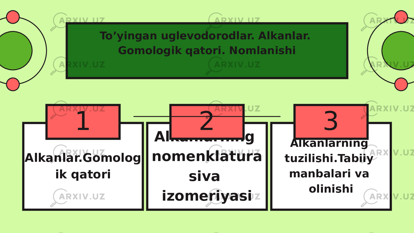 Alkanlar.Gomolog ik qatori Alkanlarning nomenklatura siva izomeriyasi Alkanlarning tuzilishi.Tabiiy manbalari va olinishiTo’yingan uglevodorodlar. Alkanlar. Gomologik qatori. Nomlanishi 1 2 3t 