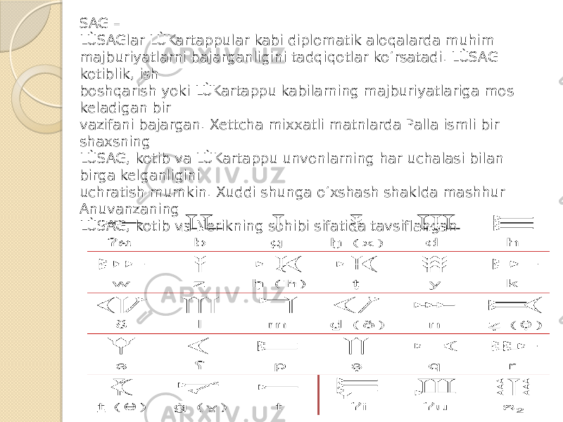 SAG – LÙSAGlar LÙKartappular kabi diplomatik aloqalarda muhim majburiyatlarni bajarganligini tadqiqotlar ko‘rsatadi. LÙSAG kotiblik, ish boshqarish yoki LÙKartappu kabilarning majburiyatlariga mos keladigan bir vazifani bajargan. Xettcha mixxatli matnlarda Palla ismli bir shaxsning LÙSAG, kotib va LÙKartappu unvonlarning har uchalasi bilan birga kelganligini uchratish mumkin. Xuddi shunga o‘xshash shaklda mashhur Anuvanzaning LÙSAG, kotib va Nerikning sohibi sifatida tavsiflangan. 