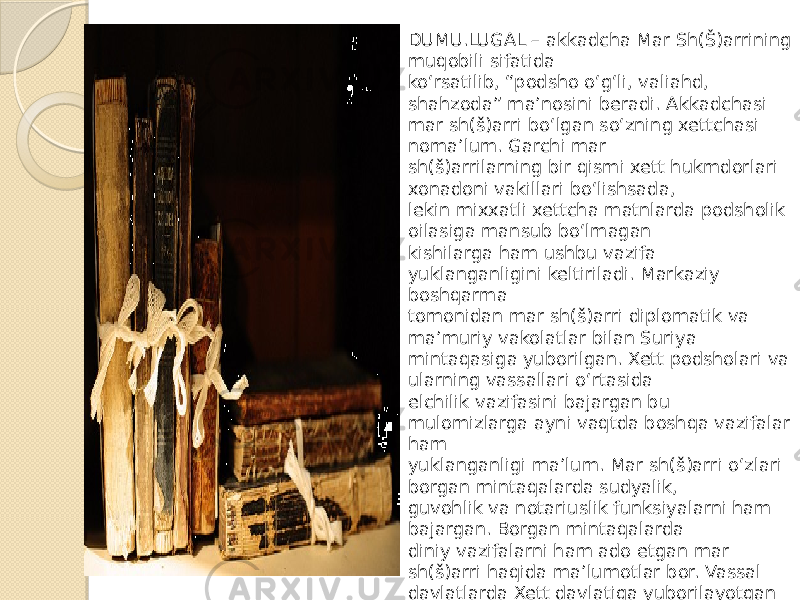 DUMU.LUGAL – akkadcha Mar Sh(Š)arrining muqobili sifatida ko‘rsatilib, “podsho o‘g‘li, valiahd, shahzoda” ma’nosini beradi. Akkadchasi mar sh(š)arri bo‘lgan so‘zning xettchasi noma’lum. Garchi mar sh(š)arrilarning bir qismi xett hukmdorlari xonadoni vakillari bo‘lishsada, lekin mixxatli xettcha matnlarda podsholik oilasiga mansub bo‘lmagan kishilarga ham ushbu vazifa yuklanganligini keltiriladi. Markaziy boshqarma tomonidan mar sh(š)arri diplomatik va ma’muriy vakolatlar bilan Suriya mintaqasiga yuborilgan. Xett podsholari va ularning vassallari o‘rtasida elchilik vazifasini bajargan bu mulomizlarga ayni vaqtda boshqa vazifalar ham yuklanganligi ma’lum. Mar sh(š)arri o‘zlari borgan mintaqalarda sudyalik, guvohlik va notariuslik funksiyalarni ham bajargan. Borgan mintaqalarda diniy vazifalarni ham ado etgan mar sh(š)arri haqida ma’lumotlar bor. Vassal davlatlarda Xett davlatiga yuborilayotgan mahsulotlarni tekshirish ham ularning vakolatiga yuklangan. 