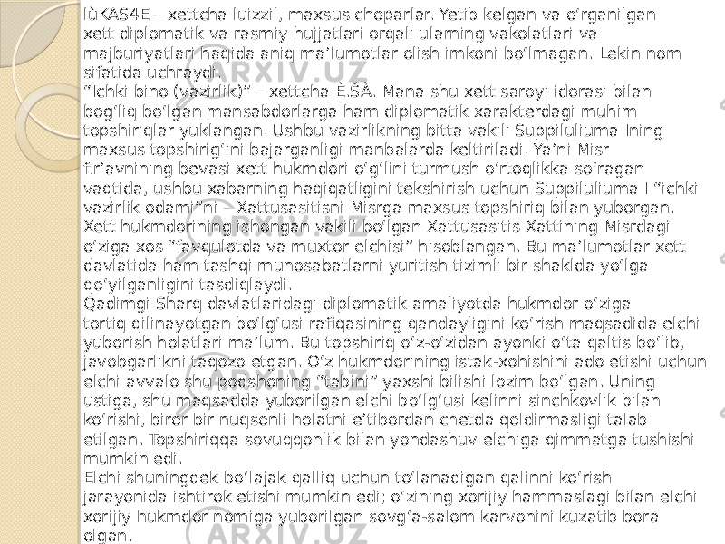 lùKAS4E – xettcha luizzil, maxsus choparlar. Yetib kelgan va o‘rganilgan xett diplomatik va rasmiy hujjatlari orqali ularning vakolatlari va majburiyatlari haqida aniq ma’lumotlar olish imkoni bo‘lmagan. Lekin nom sifatida uchraydi. “ Ichki bino (vazirlik)” – xettcha È.ŠÀ. Mana shu xett saroyi idorasi bilan bog‘liq bo‘lgan mansabdorlarga ham diplomatik xarakterdagi muhim topshiriqlar yuklangan. Ushbu vazirlikning bitta vakili Suppiluliuma Ining maxsus topshirig‘ini bajarganligi manbalarda keltiriladi. Ya’ni Misr fir’avnining bevasi xett hukmdori o‘g‘lini turmush o‘rtoqlikka so‘ragan vaqtida, ushbu xabarning haqiqatligini tekshirish uchun Suppiluliuma I “ichki vazirlik odami”ni – Xattusasitisni Misrga maxsus topshiriq bilan yuborgan. Xett hukmdorining ishongan vakili bo‘lgan Xattusasitis Xattining Misrdagi o‘ziga xos “favqulotda va muxtor elchisi” hisoblangan. Bu ma’lumotlar xett davlatida ham tashqi munosabatlarni yuritish tizimli bir shaklda yo‘lga qo‘yilganligini tasdiqlaydi. Qadimgi Sharq davlatlaridagi diplomatik amaliyotda hukmdor o‘ziga tortiq qilinayotgan bo‘lg‘usi rafiqasining qandayligini ko‘rish maqsadida elchi yuborish holatlari ma’lum. Bu topshiriq o‘z-o‘zidan ayonki o‘ta qaltis bo‘lib, javobgarlikni taqozo etgan. O‘z hukmdorining istak-xohishini ado etishi uchun elchi avvalo shu podshoning “tabini” yaxshi bilishi lozim bo‘lgan. Uning ustiga, shu maqsadda yuborilgan elchi bo‘lg‘usi kelinni sinchkovlik bilan ko‘rishi, biror bir nuqsonli holatni e’tibordan chetda qoldirmasligi talab etilgan. Topshiriqqa sovuqqonlik bilan yondashuv elchiga qimmatga tushishi mumkin edi. Elchi shuningdek bo‘lajak qalliq uchun to‘lanadigan qalinni ko‘rish jarayonida ishtirok etishi mumkin edi; o‘zining xorijiy hammaslagi bilan elchi xorijiy hukmdor nomiga yuborilgan sovg‘a-salom karvonini kuzatib bora olgan. 