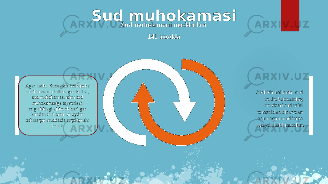 Sud muhokamasi Sud muhokamasi muddatlari 141-modda Alohida hollarda, sud muhokamasining muddati sud raisi tomonidan bir oydan oshmagan muddatga uzaytirilishi mumkin.Agar ushbu Kodeksda boshqacha tartib nazarda tutilmagan bo‘lsa, sud muhokamasi ishni sud muhokamasiga tayyorlash to‘g‘risidagi ajrim chiqarilgan kundan e’tiboran bir oydan oshmagan muddatda tugallanishi kerak. 