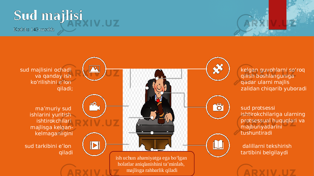 Sud majlisi Kodeks 143-modda sud majlisini ochadi va qanday ish ko‘rilishini e’lon qiladi; ma’muriy sud ishlarini yuritish ishtirokchilari majlisga kelgan- kelmaganligini sud tarkibini e’lon qiladi kelgan guvohlarni so‘roq qilish boshlanguniga qadar ularni majlis zalidan chiqarib yuboradi sud protsessi ishtirokchilariga ularning protsessual huquqlari va majburiyatlarini tushuntiradi   dalillarni tekshirish tartibini belgilaydi ish uchun ahamiyatga ega bo‘lgan holatlar aniqlanishini ta’minlab, majlisga rahbarlik qiladi 