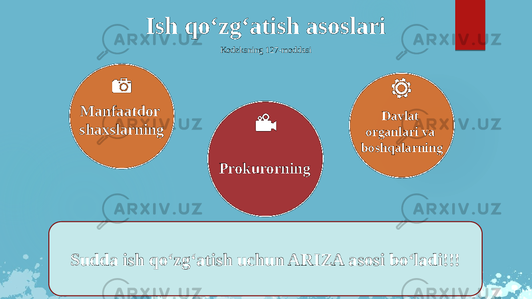 Ish qo‘zg‘atish asoslari Kodeksning 127-moddasi Prokurorning Davlat organlari va boshqalarningManfaatdor shaxslarning Sudda ish qo‘zg‘atish uchun ARIZA asosi bo‘ladi!!! 