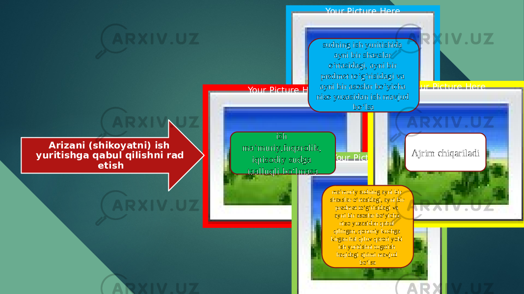 Your Picture Here Your Picture Here Your Picture Here Your Picture Here Arizani (shikoyatni) ish yuritishga qabul qilishni rad etish ish ma’muriy,fuqarolik, iqtisodiy sudga taalluqli bo‘lmasa sudning ish yuritishida ayni bir shaxslar o‘rtasidagi, ayni bir predmet to‘g‘risidagi va ayni bir asoslar bo‘yicha nizo yuzasidan ish mavjud bo‘lsa ma’muriy sudning ayni bir shaxslar o‘rtasidagi, ayni bir predmet to‘g‘risidagi va ayni bir asoslar bo‘yicha nizo yuzasidan qabul qilingan, qonuniy kuchga kirgan hal qiluv qarori yoki ish yuritishni tugatish haqidagi ajrimi mavjud bo‘lsa Ajrim chiqariladi 