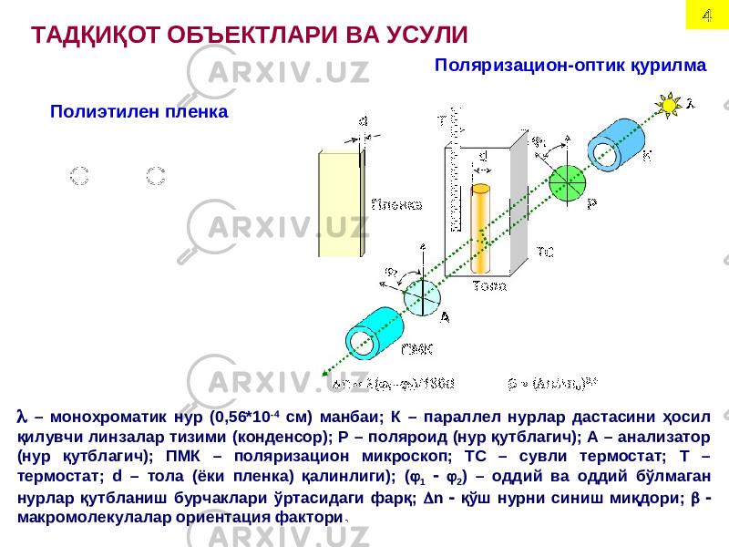 4 ТАДҚИҚОТ ОБЪЕКТЛАРИ ВА УСУЛИ Поляризацион-оптик қурилма Полиэтилен пленка  – монохроматик нур (0,56*10 -4 см) манбаи; К – параллел нурлар дастасини ҳосил қилувчи линзалар тизими (конденсор); Р – поляроид (нур қутблагич); А – анализатор (нур қутблагич); ПМК – поляризацион микроскоп; ТС – сувли термостат; Т – термостат; d – тола (ёки пленка) қалинлиги); (  1   2 ) – оддий ва оддий бўлмаган нурлар қутбланиш бурчаклари ўртасидаги фарқ;  n  қўш нурни синиш миқдори;   макромолекулалар ориентация фактори . 