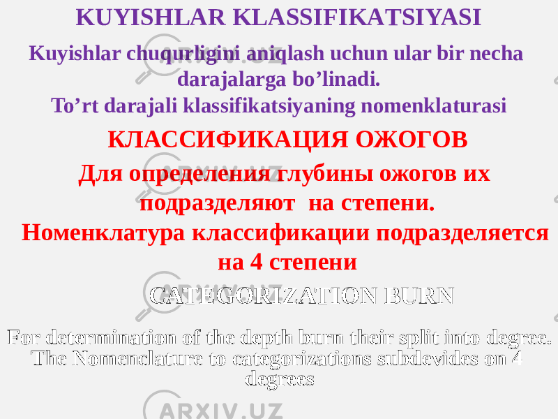 KUYISHLАR KLАSSIFIKАTSIYASI Kuyishlar chuqurligini aniqlash uchun ular bir necha darajalarga boʼlinadi. Toʼrt darajali klassifikatsiyaning nomenklaturasi КЛАССИФИКАЦИЯ ОЖОГОВ Для определения глубины ожогов их подразделяют на степени. Номенклатура классификации подразделяется на 4 степени CATEGORIZATION BURN For determination of the depth burn their split into degree. The Nomenclature to categorizations subdevides on 4 degrees 