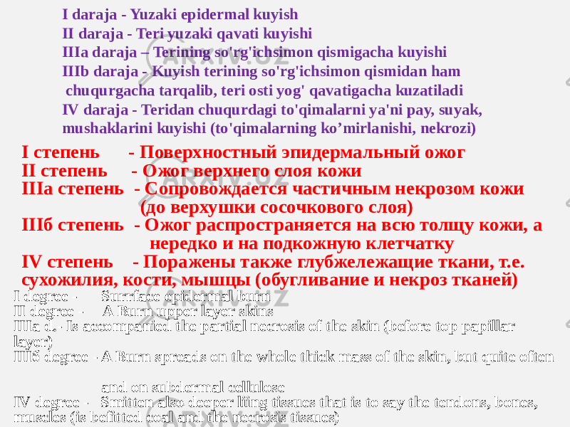 I daraja - Yuzaki epidermal kuyish II daraja - Teri yuzaki qavati kuyishi IIIa daraja – Terining so&#39;rg&#39;ichsimon qismigacha kuyishi IIIb daraja - Kuyish terining so&#39;rg&#39;ichsimon qismidan ham chuqurgacha tarqalib, teri osti yog&#39; qavatigacha kuzatiladi IV daraja - Teridan chuqurdagi to&#39;qimalarni ya&#39;ni pay, suyak, mushaklarini kuyishi (to&#39;qimalarning ko’mirlanishi, nekrozi) I степень - Поверхностный эпидермальный ожог II степень - Ожог верхнего слоя кожи IIIа степень - Сопровождается частичным некрозом кожи (до верхушки сосочкового слоя) IIIб степень - Ожог распространяется на всю толщу кожи, а нередко и на подкожную клетчатку IV степень - Поражены также глубжележащие ткани, т.е. сухожилия, кости, мышцы (обугливание и некроз тканей) I degree - Surrface epidermal burn II degree - A Burn upper layer skins IIIа d.- Is accompanied the partial necrosis of the skin (before top papillar layer) IIIб degree - A Burn spreads on the whole thick mass of the skin, but quite often and on subdermal cellulose IV degree - Smitten also deeper liing tissues that is to say the tendons, bones, muscles (is befitted coal and the necrosis tissues) 