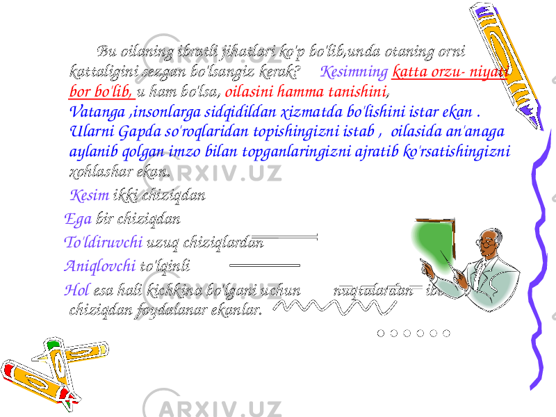 Bu oilaning ibratli jihatlari ko&#39;p bo&#39;lib,unda otaning orni kattaligini sezgan bo&#39;lsangiz kerak? Kesimning katta orzu- niyati bor bo&#39;lib, u ham bo&#39;lsa, oilasini hamma tanishini , Vatanga ,insonlarga sidqidildan xizmatda bo&#39;lishini istar ekan . Ularni Gapda so&#39;roqlaridan topishingizni istab , oilasida an&#39;anaga aylanib qolgan imzo bilan topganlaringizni ajratib ko&#39;rsatishingizni xohlashar ekan. Kesim ikki chiziqdan Ega bir chiziqdan To&#39;ldiruvchi uzuq chiziqlardan Aniqlovchi to&#39;lqinli Hol esa hali kichkina bo&#39;lgani uchun nuqtalardan iborat chiziqdan foydalanar ekanlar. 