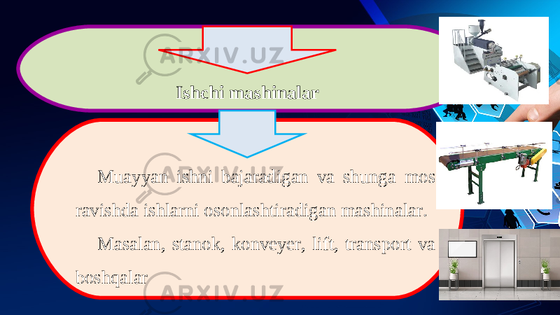 Ishchi mashinalar Muayyan ishni bajaradigan va shunga mos ravishda ishlarni osonlashtiradigan mashinalar. Masalan, stanok, konveyer, lift, transport va boshqalar 