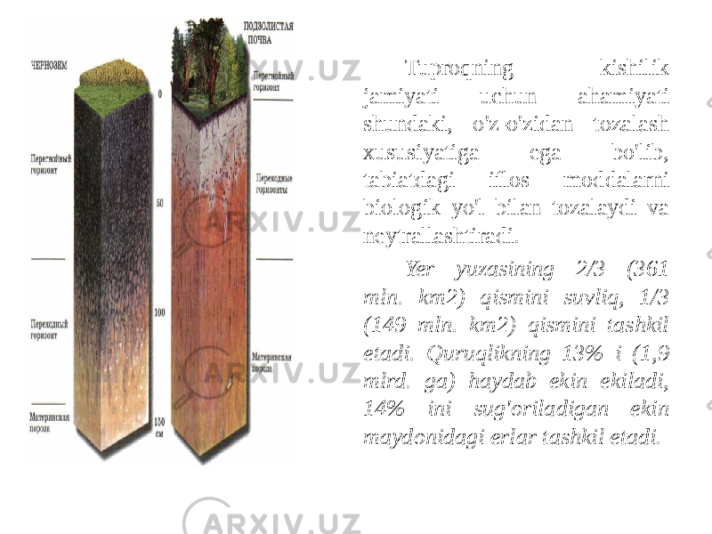 Tuproqning kishilik jamiyati uchun ahamiyati shundaki, o&#39;z-o&#39;zidan tozalash xususiyatiga ega bo&#39;lib, tabiatdagi iflos moddalarni biologik yo&#39;l bilan tozalaydi va neytrallashtiradi. Yer yuzasining 2/3 (361 mln. km2) qismini suvliq, 1/3 (149 mln. km2) qismini tashkil etadi. Quruqlikning 13% i (1,9 mlrd. ga) haydab ekin ekiladi, 14% ini sug&#39;oriladigan ekin maydonidagi erlar tashkil etadi. 